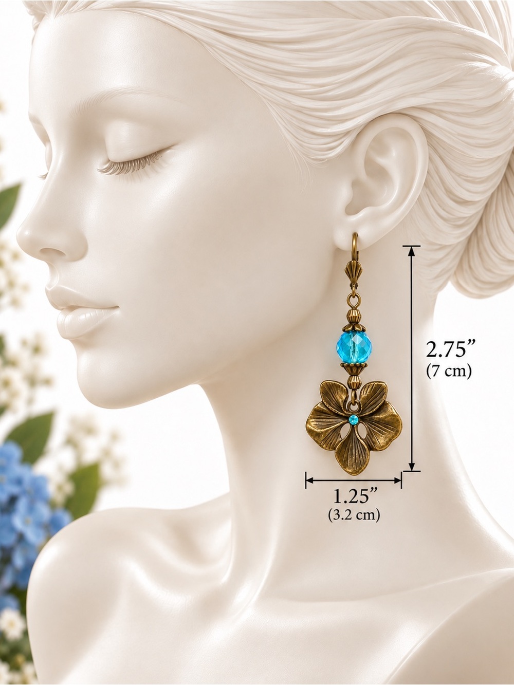 Handmade Blue Czech Glass Faceted Bead, Antique Brass Pansy Earrings - Picture 5 of 11